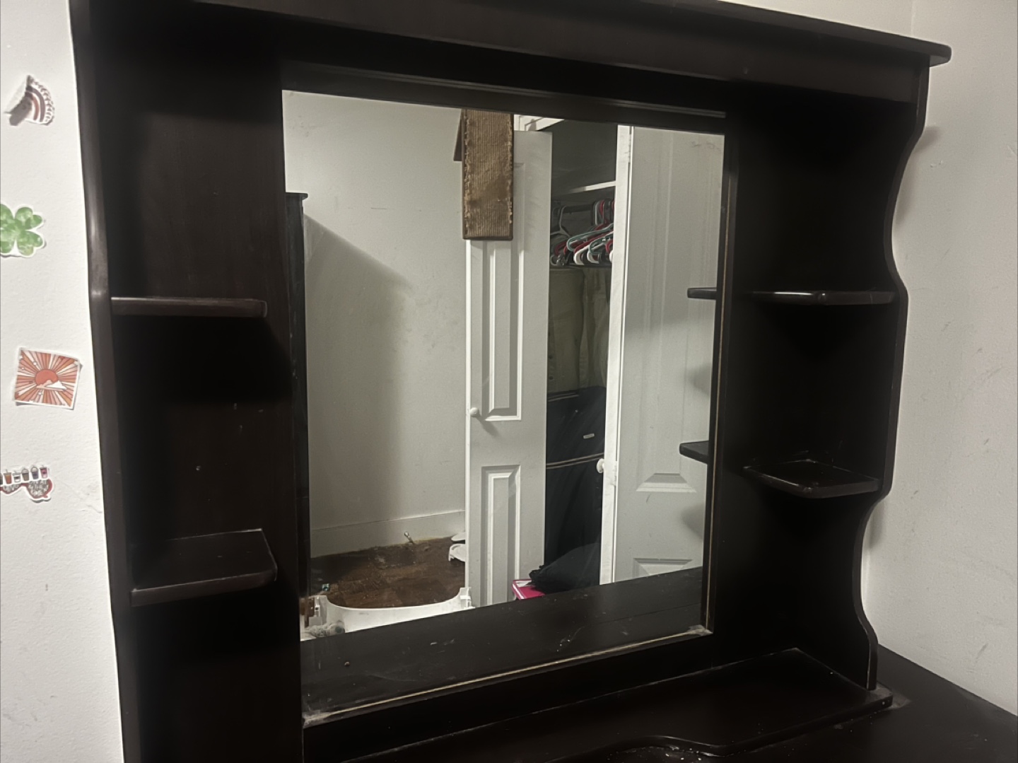 Dark Brown Wooden Vanity Mirror with Shelves