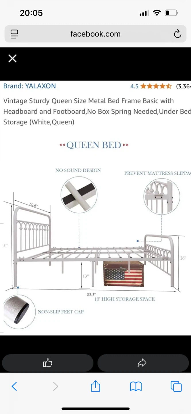 YALAXON Vintage Queen Size Metal Bed Frame - White - photo 3