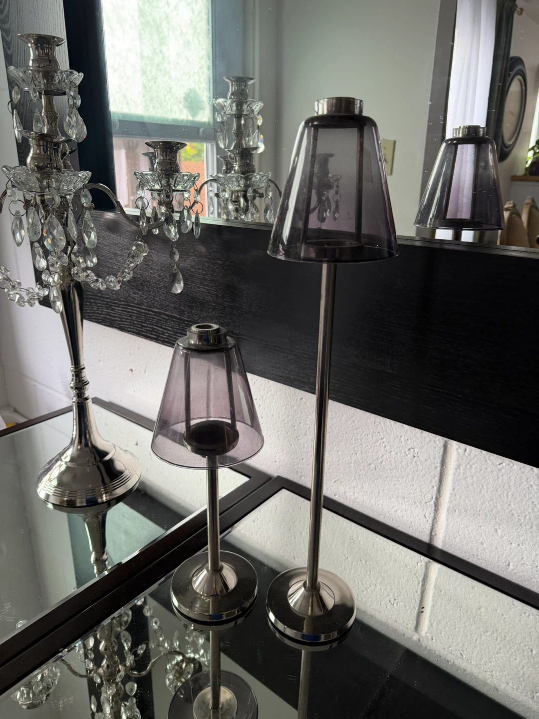 Set of Two Grey Shaded Glass Candlesticks