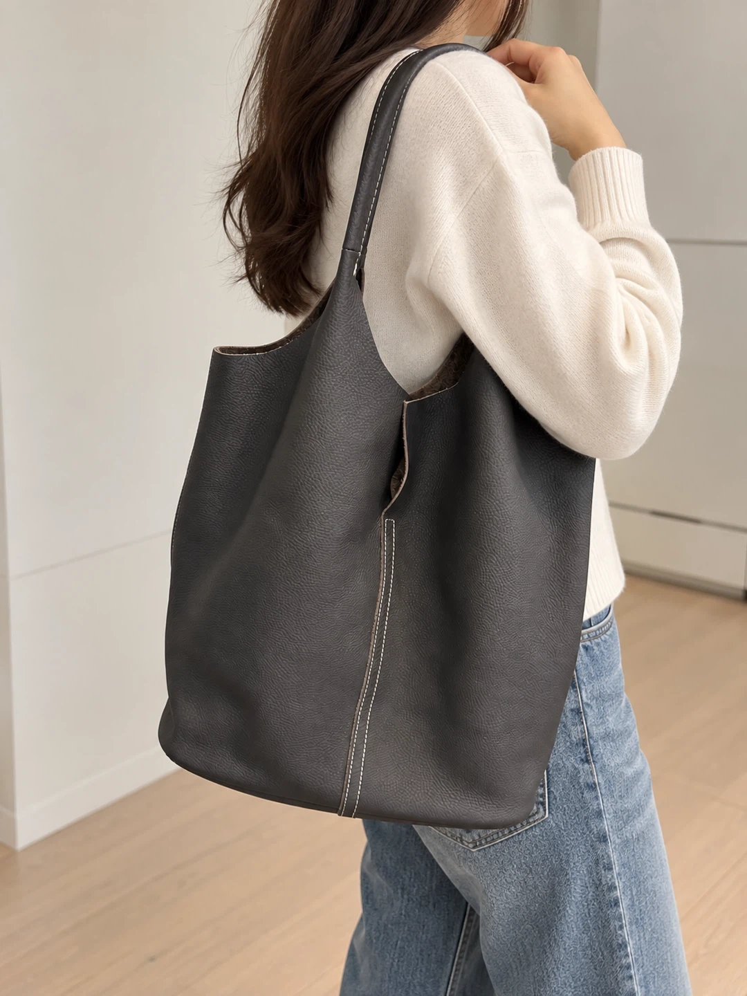 Dark Grey Leather Tote Bag - photo 3