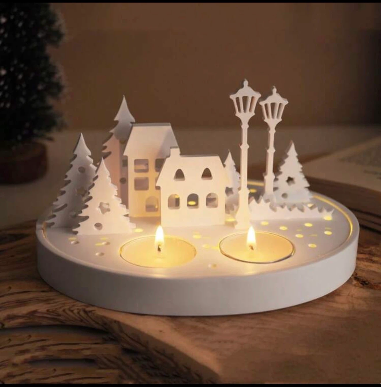White Winter Village Tea Light Candle Holder