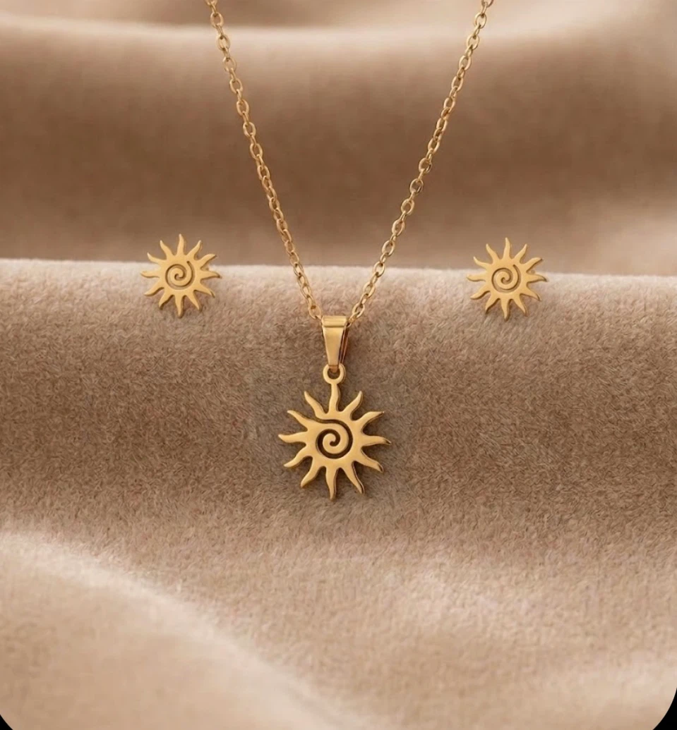Gold Tone Sun Pendant Necklace and Earring Set