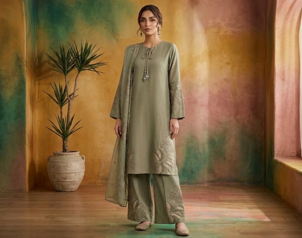 SHEEN Sage Green Embroidered Salwar Kameez Suit