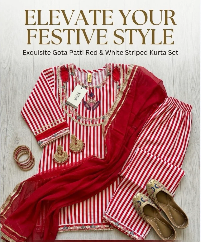 Red and White Striped Kurta Set