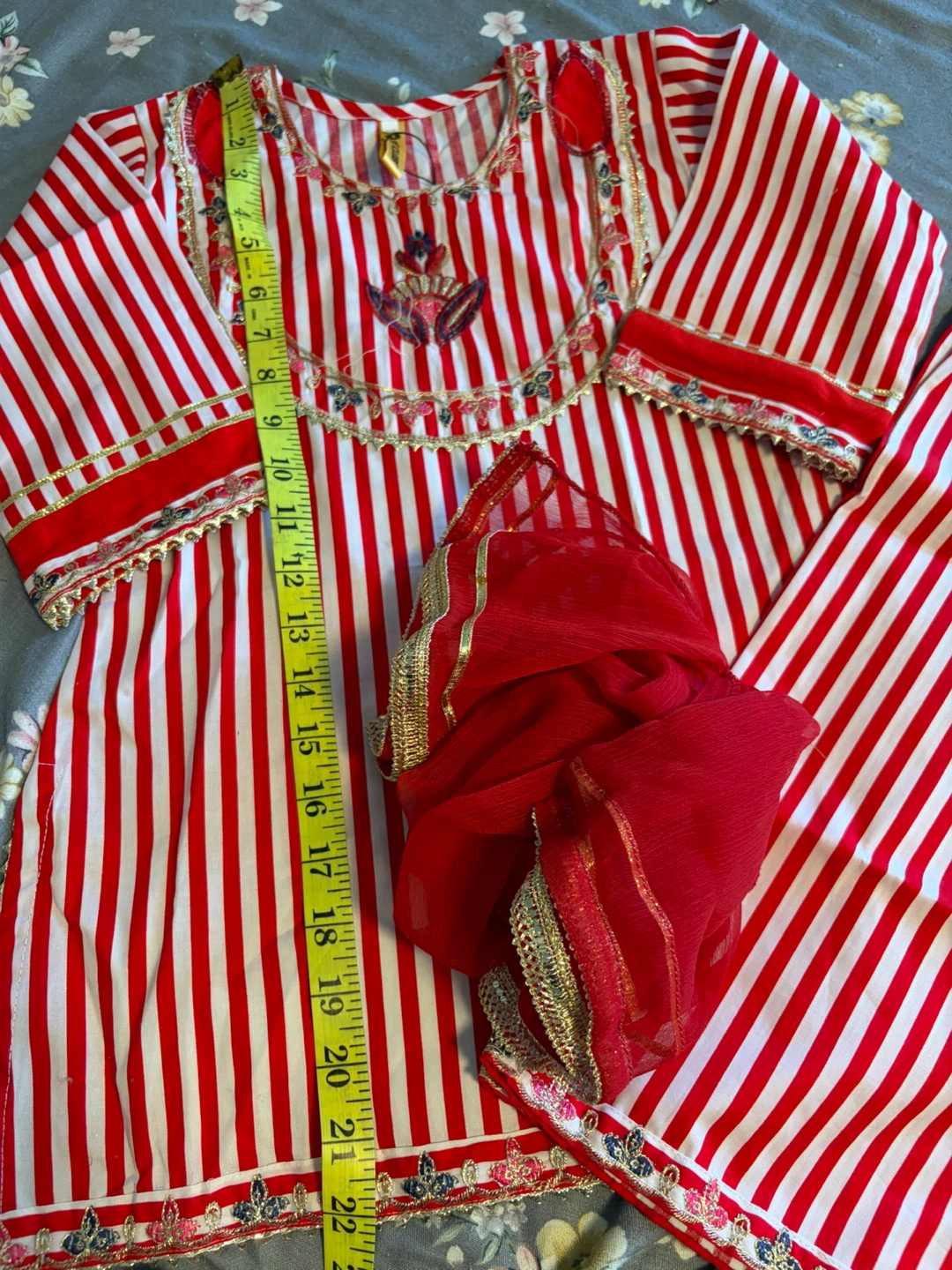 Red and White Striped Kurta Set - photo 2