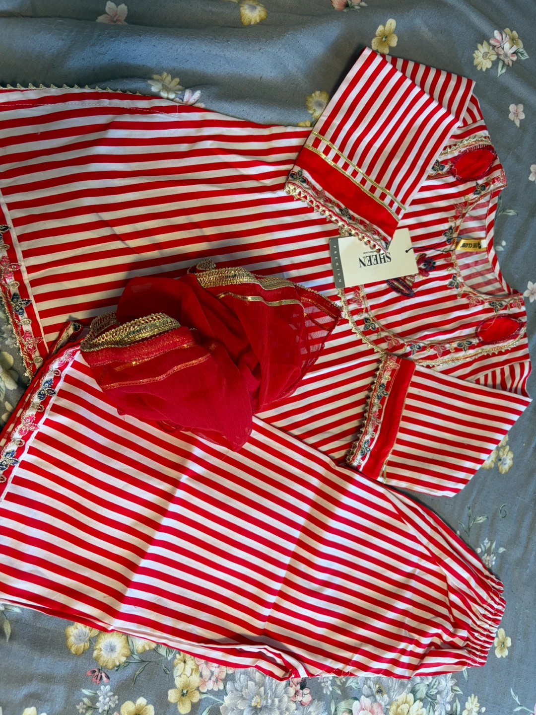 Red and White Striped Kurta Set - photo 3