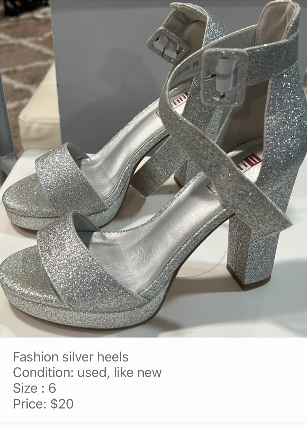 Silver Glitter Ankle Strap Heels