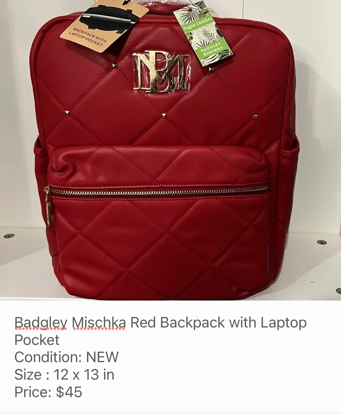 Badgley Mischka Red Quilted Backpack