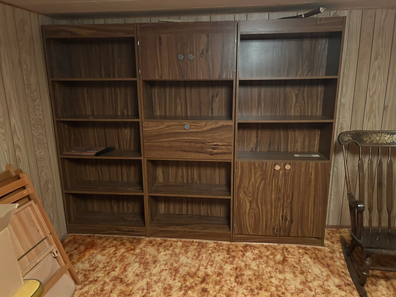 Three-Piece Walnut Finish Bookcase Wall Unit