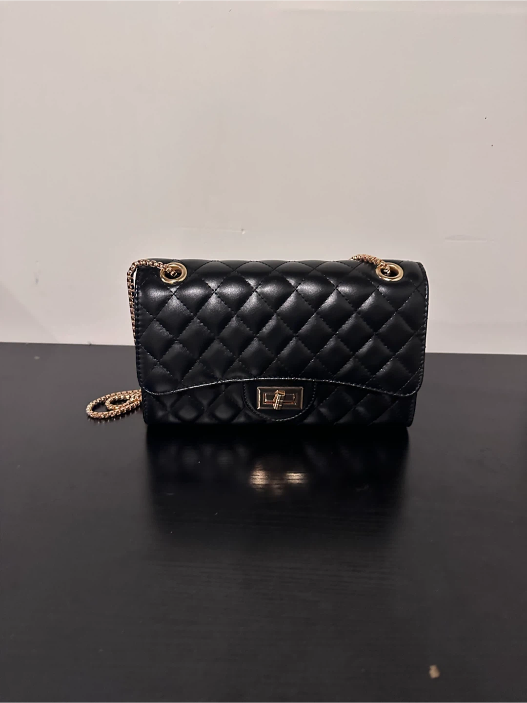 Black Quilted Shoulder Bag with Gold Chain