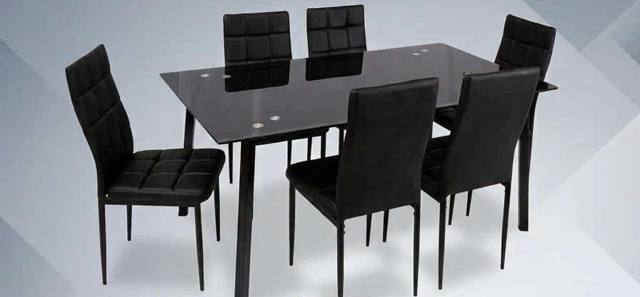 Black Glass Dining Table with 6 Chairs