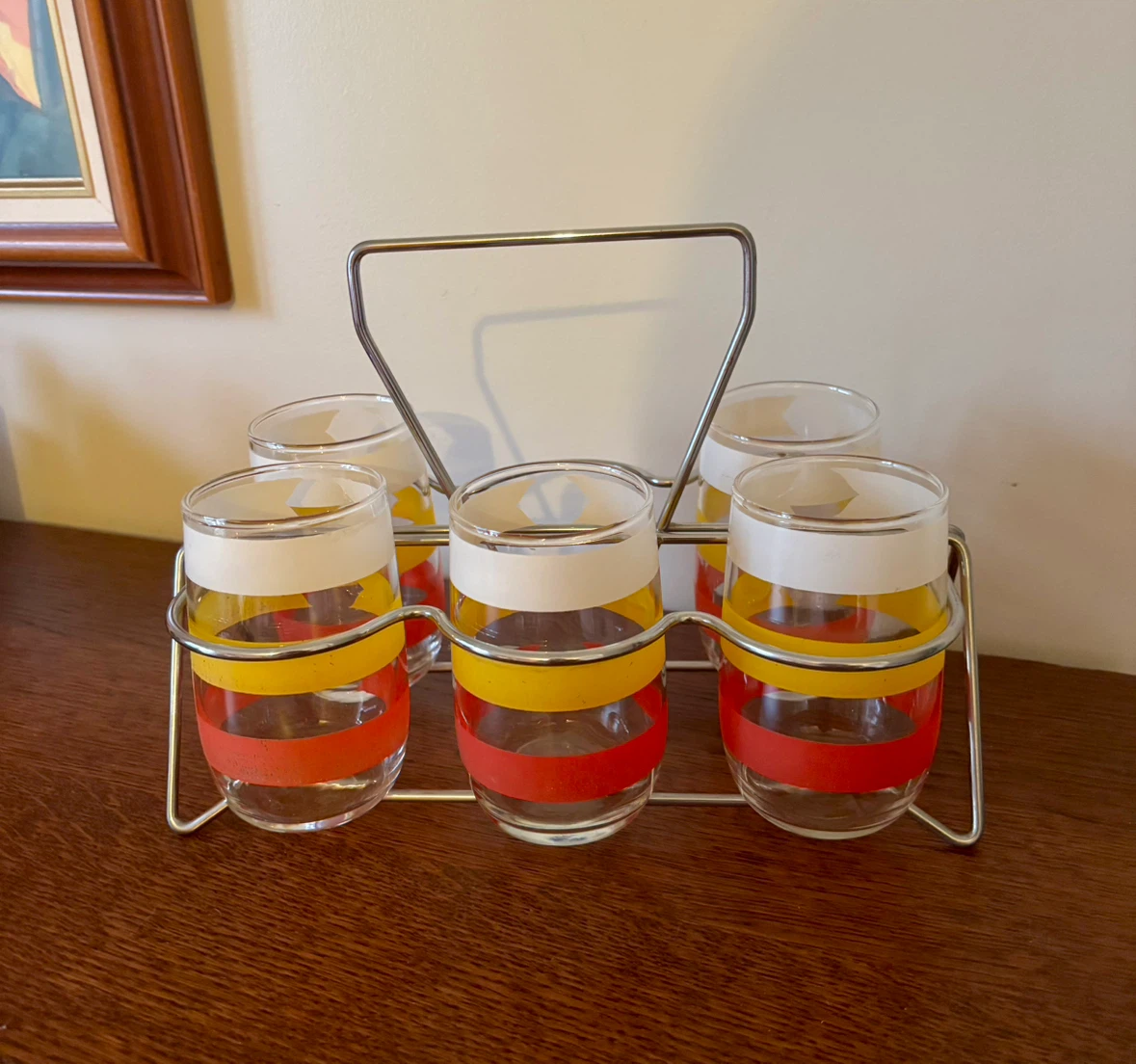 Vintage Anchor Hocking Pennant Stripe Tumbler Set and caddy
