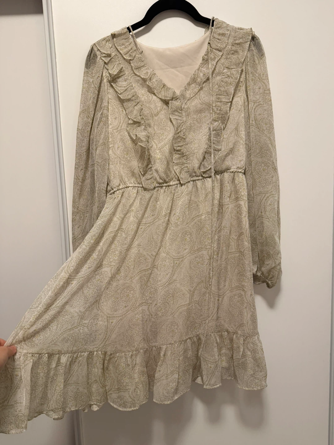 Cream and Green Paisley Ruffle Dress