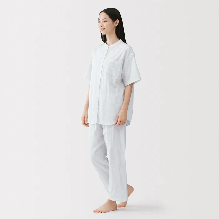 New MUJI Lightweight Gauze S/S Pajamas - Off White Stripe