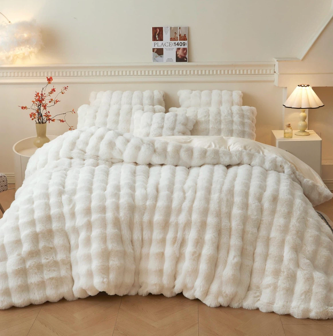 LIFEREVO King Size Faux Rabbit Fur Duvet Cover Set, Beige