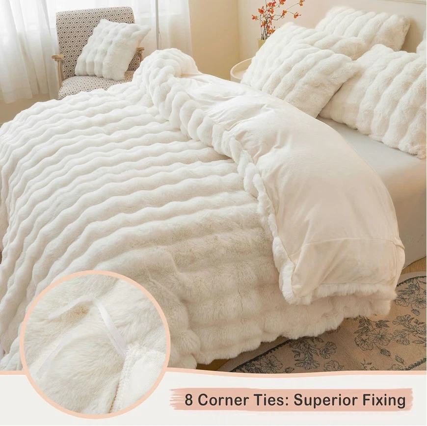 LIFEREVO King Size Faux Rabbit Fur Duvet Cover Set, Beige - photo 2