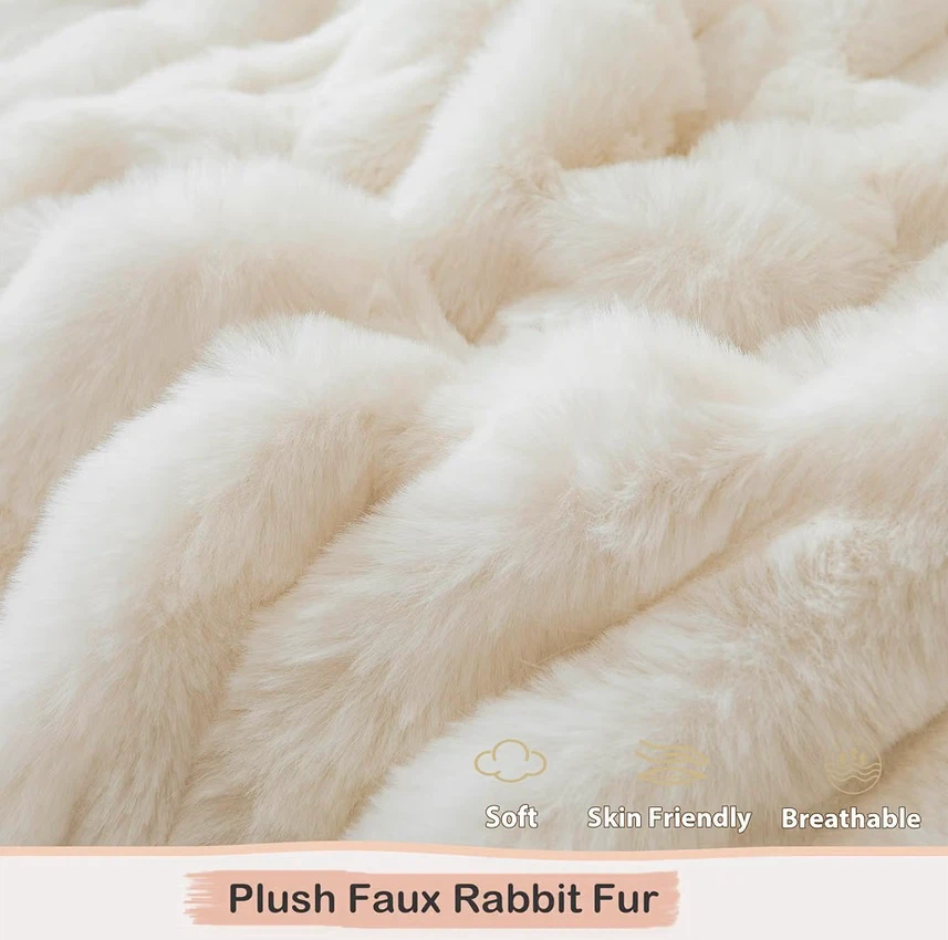 LIFEREVO King Size Faux Rabbit Fur Duvet Cover Set, Beige - photo 3