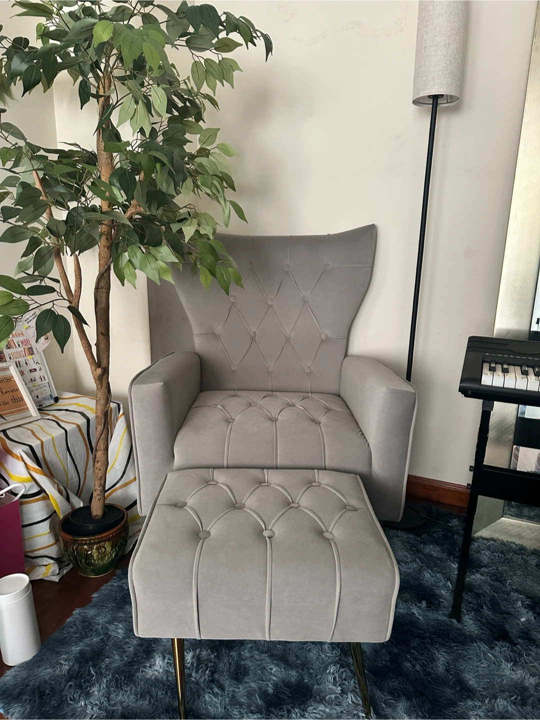 Grey Tufted Armchair with Matching Ottoman