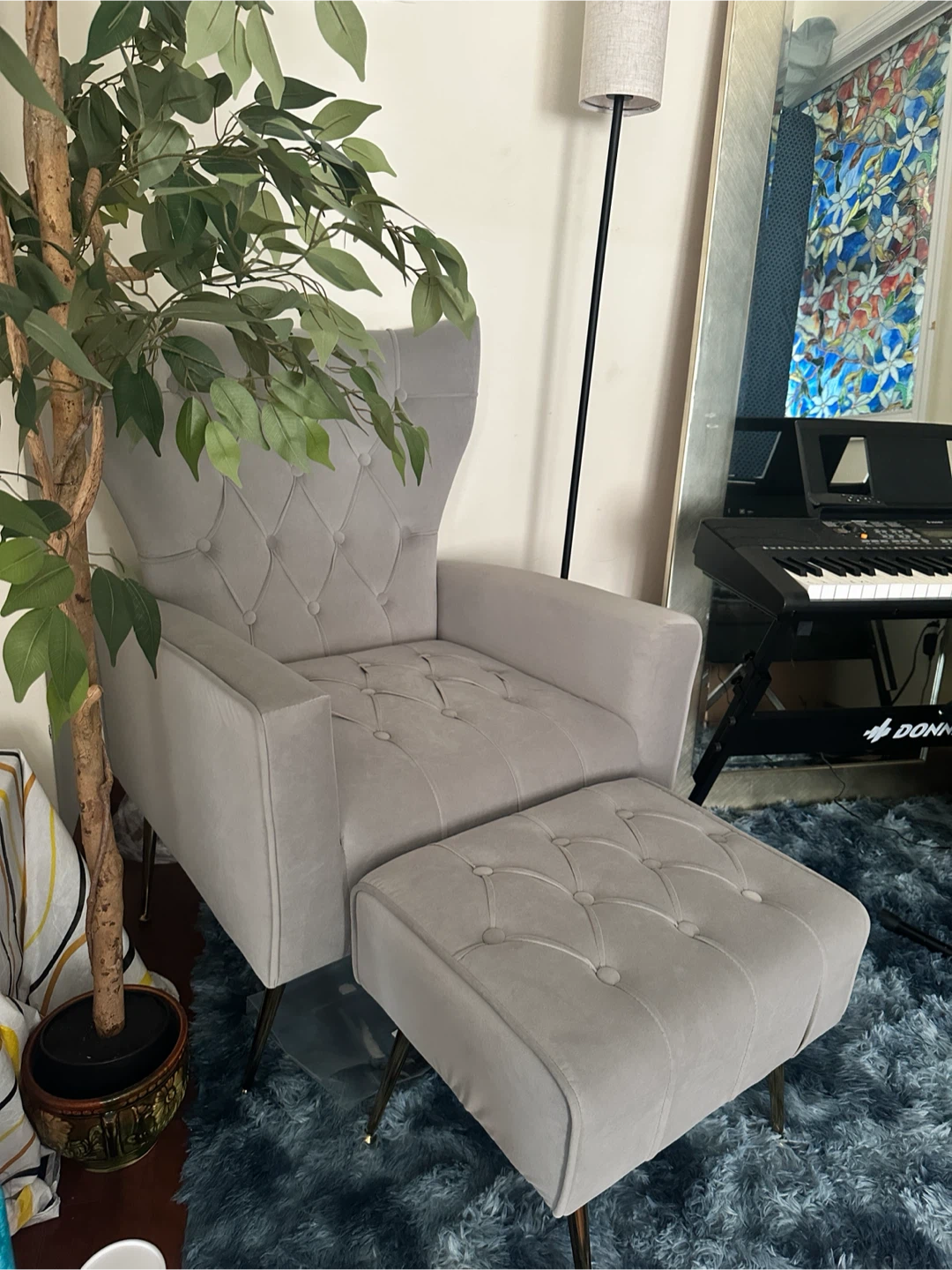 Grey Tufted Armchair with Matching Ottoman - photo 2