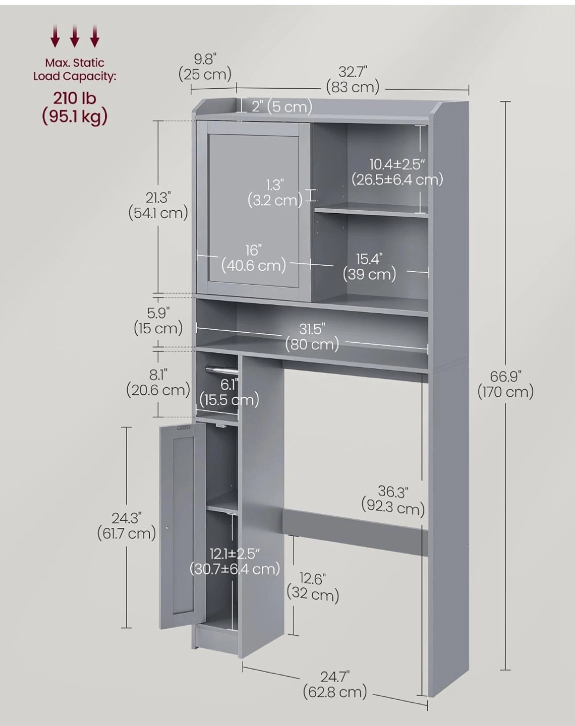 VASAGLE Over-the-Toilet Storage Cabinet Grey