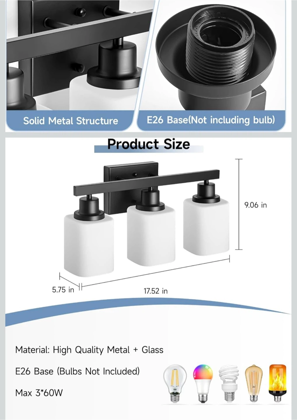 DIKAIDA 3-Light Black Vanity Light With Frosted Glass - photo 2