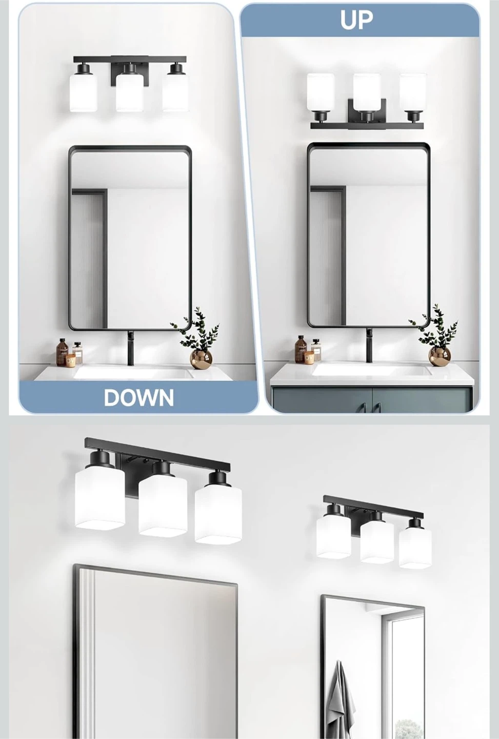 DIKAIDA 3-Light Black Vanity Light With Frosted Glass - photo 3