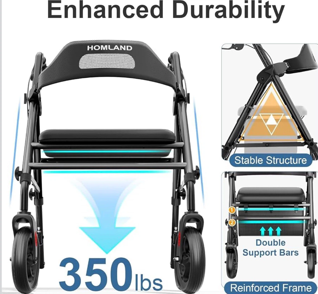 Foldable Rollator Walker with Seat for Seniors 16" Enlarged Seat - photo 2