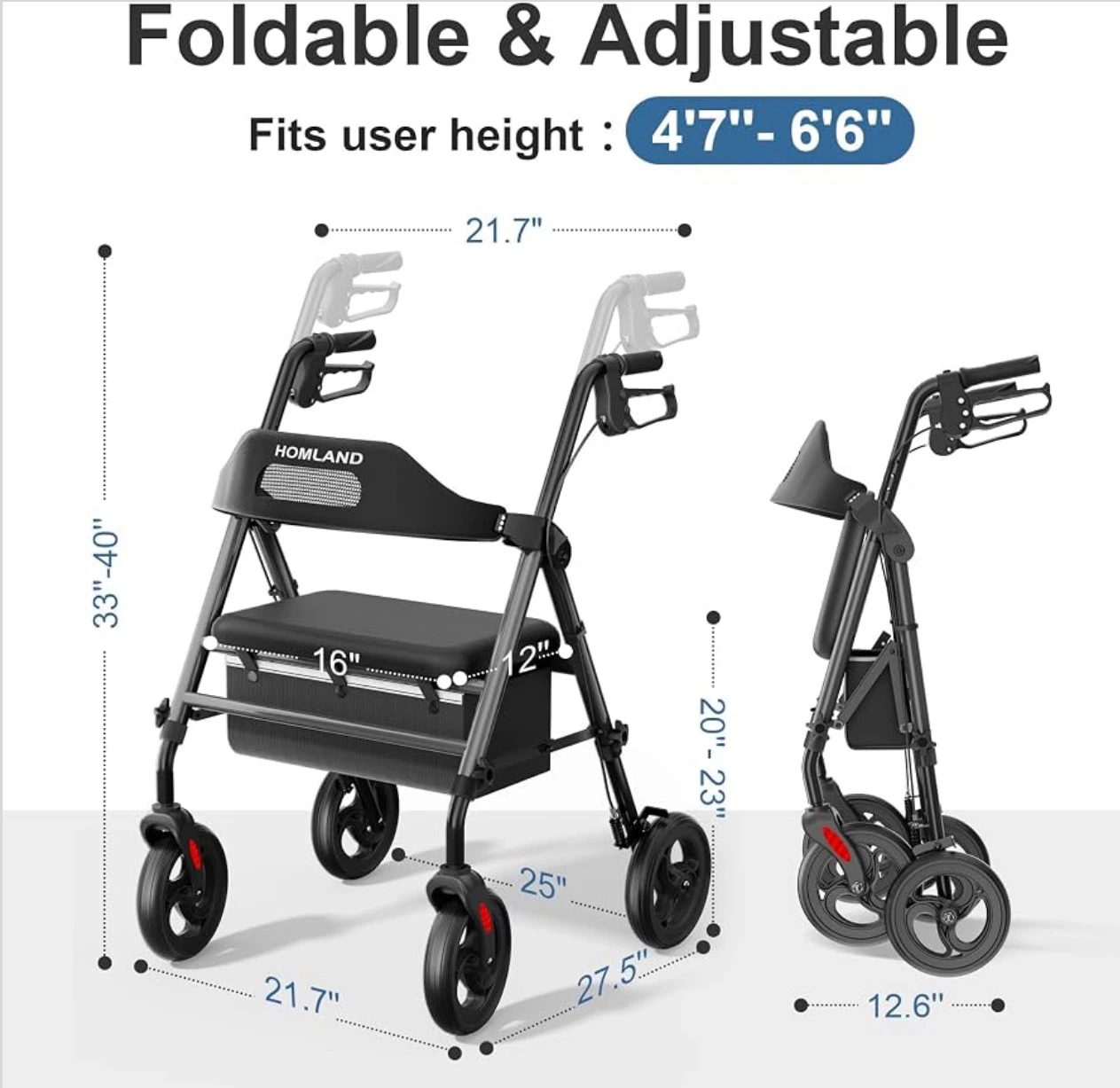 Foldable Rollator Walker with Seat for Seniors 16" Enlarged Seat