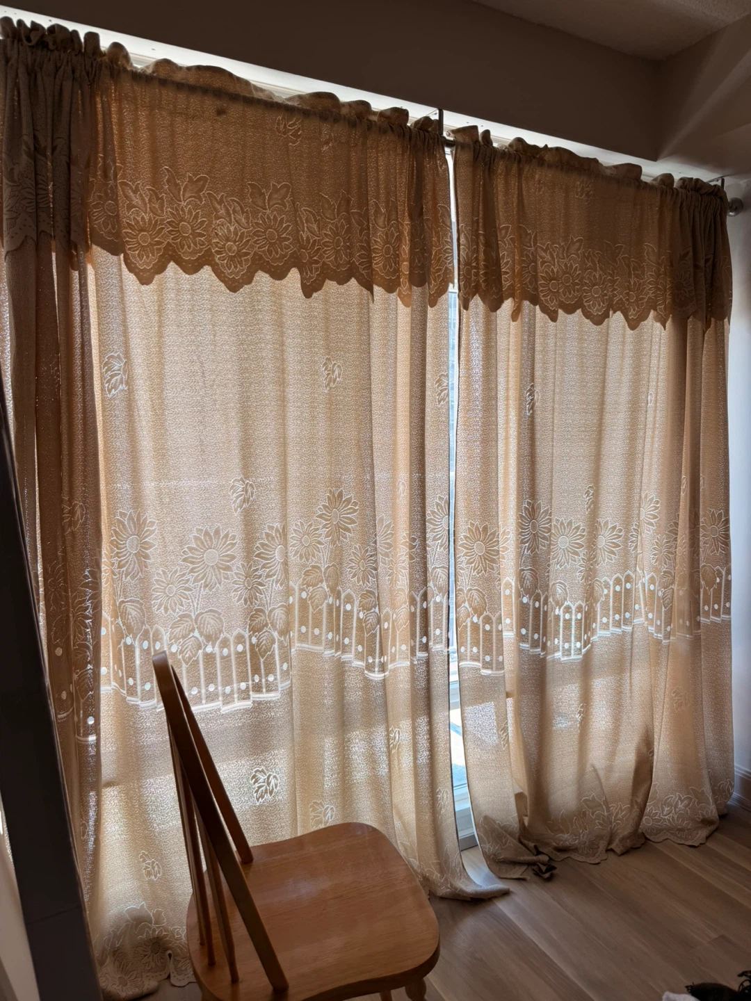 Pair of Beige Floral Lace Curtains