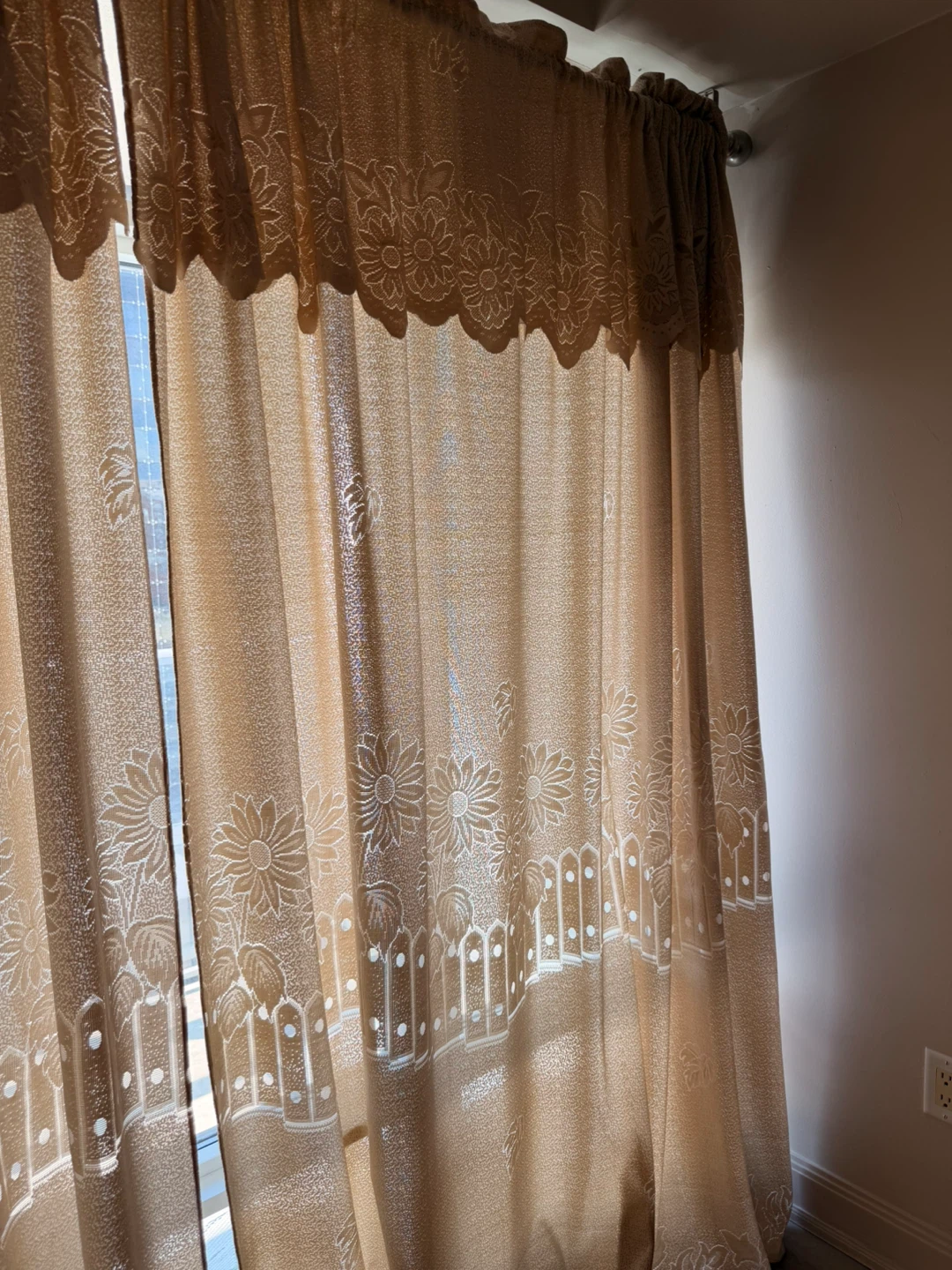 Pair of Beige Floral Lace Curtains - photo 2