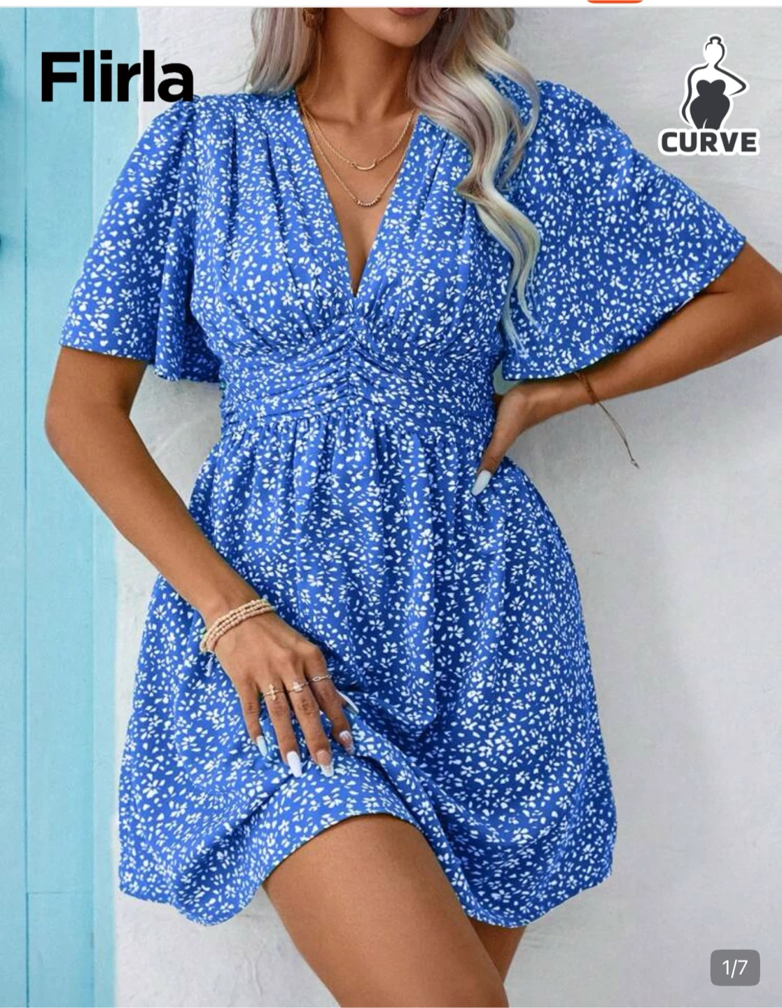 Flirla Blue Floral V-Neck Mini Dress