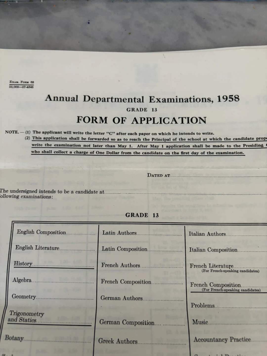 Vintage 1958 Ontario Grade 13 Exam Documents
