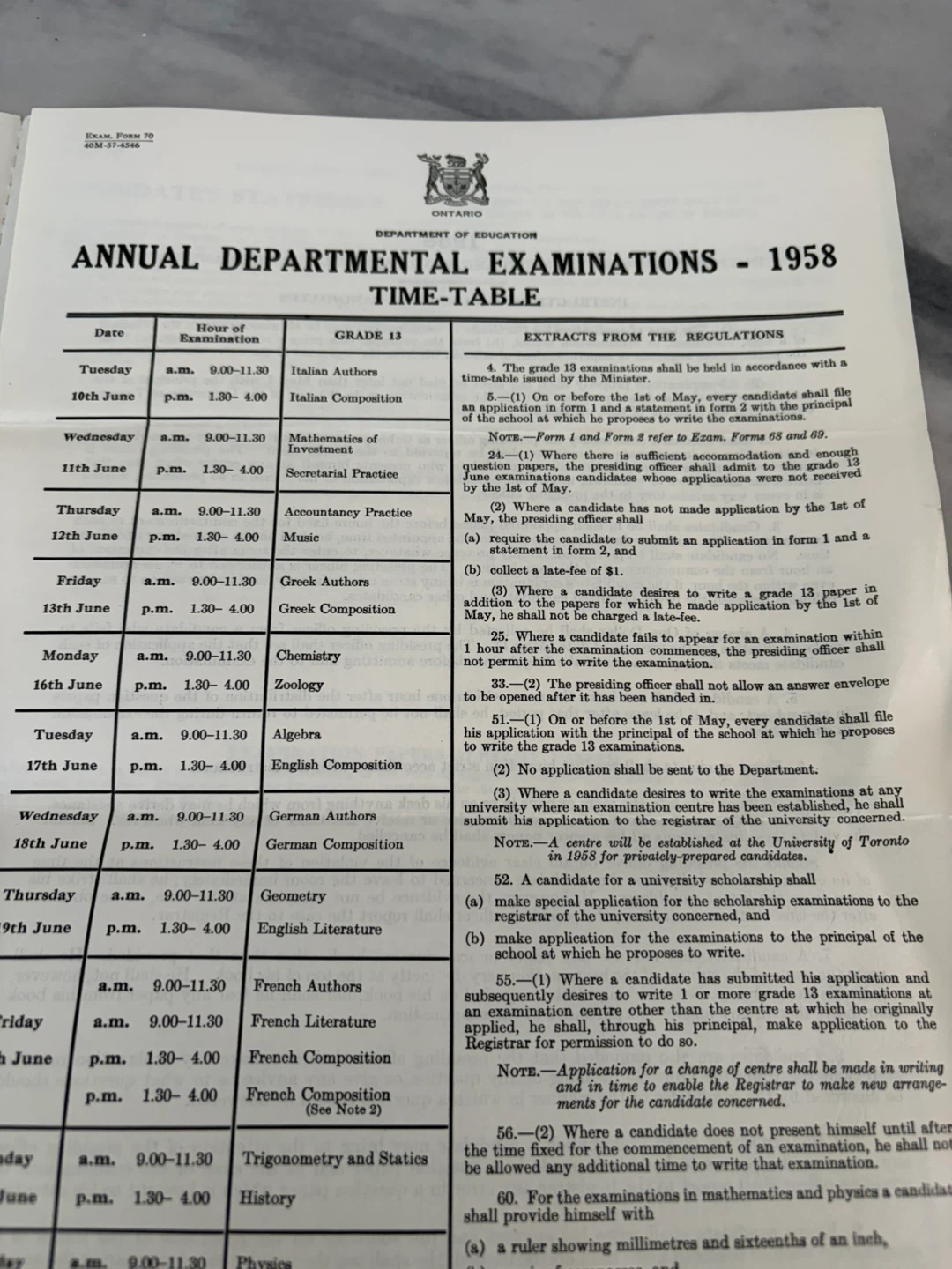 Vintage 1958 Ontario Grade 13 Exam Documents - photo 2