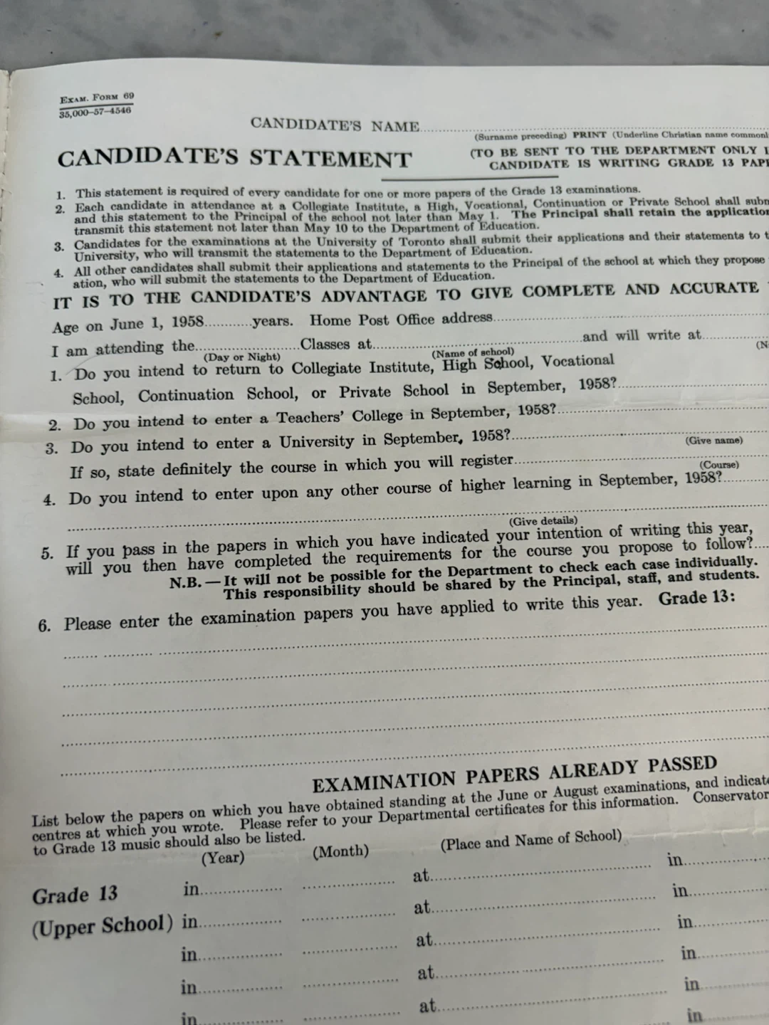 Vintage 1958 Ontario Grade 13 Exam Documents - photo 4