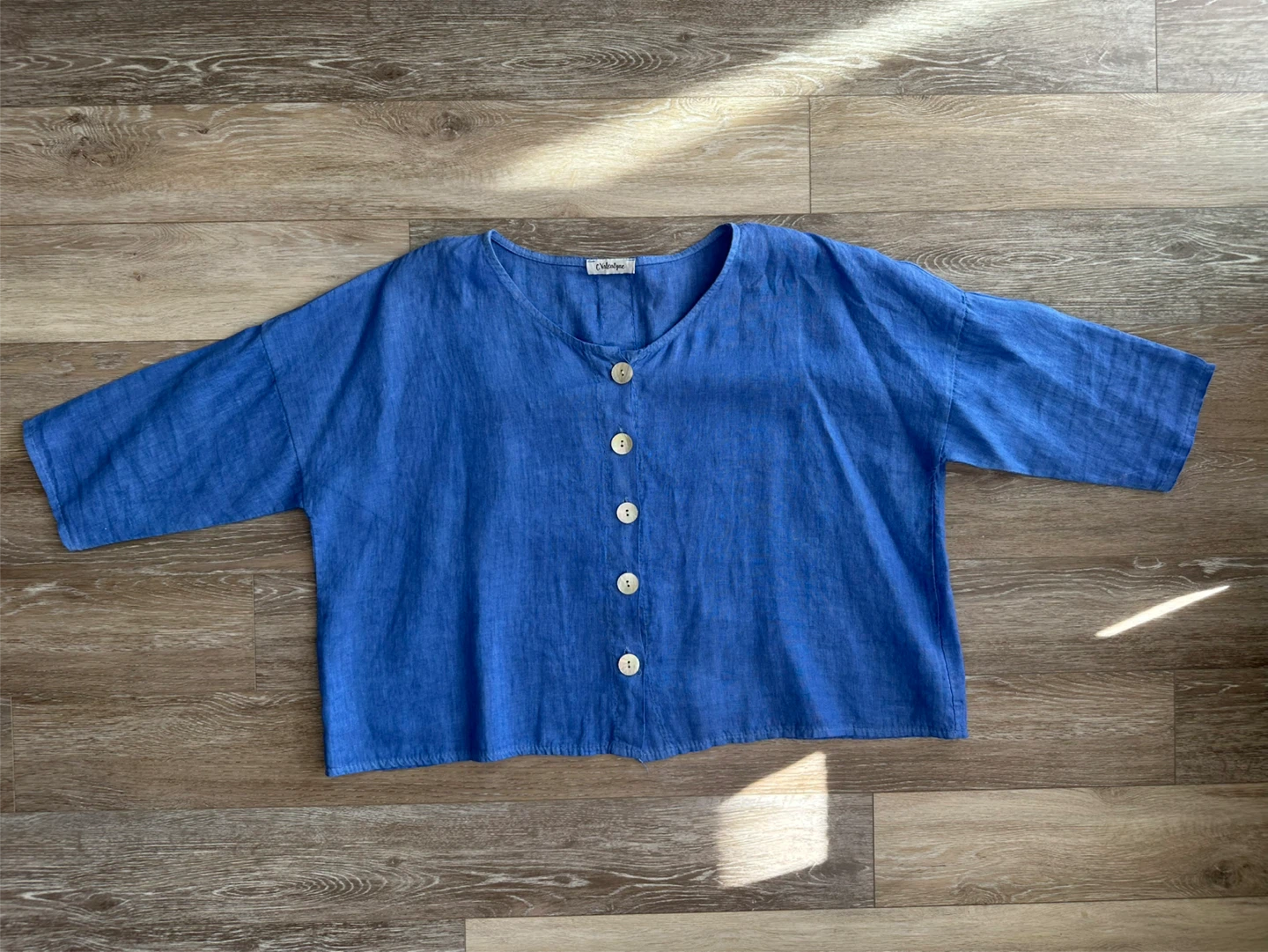C.Valentyne Blue Button-Up Italian Linen Top