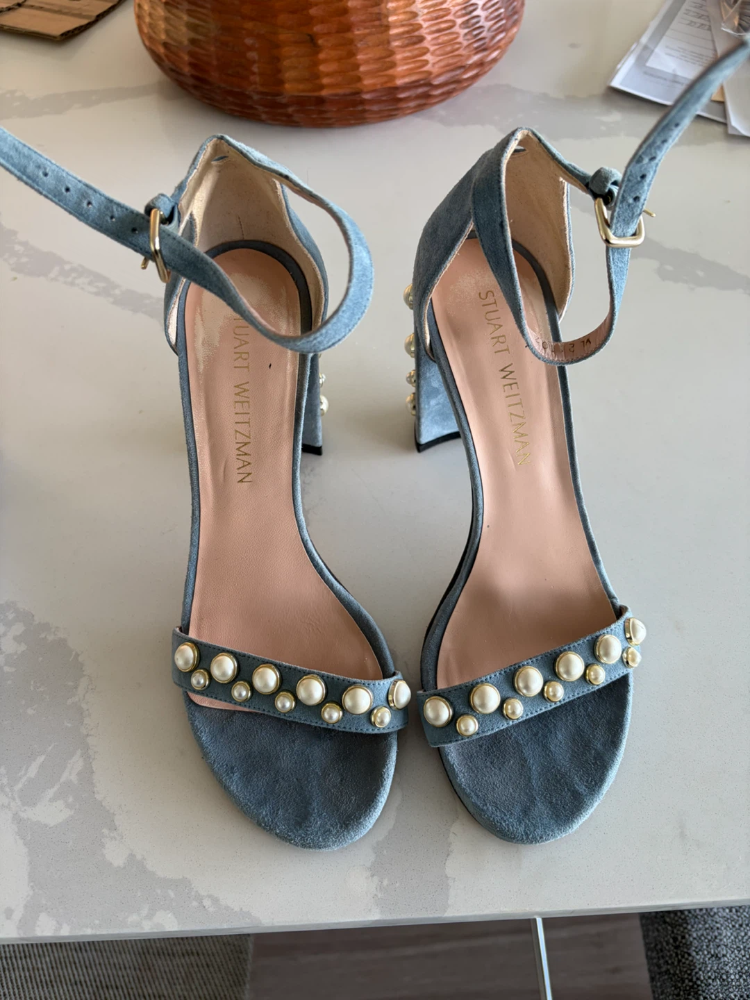 Stuart Weitzman Blue Suede Pearl Heeled Sandals