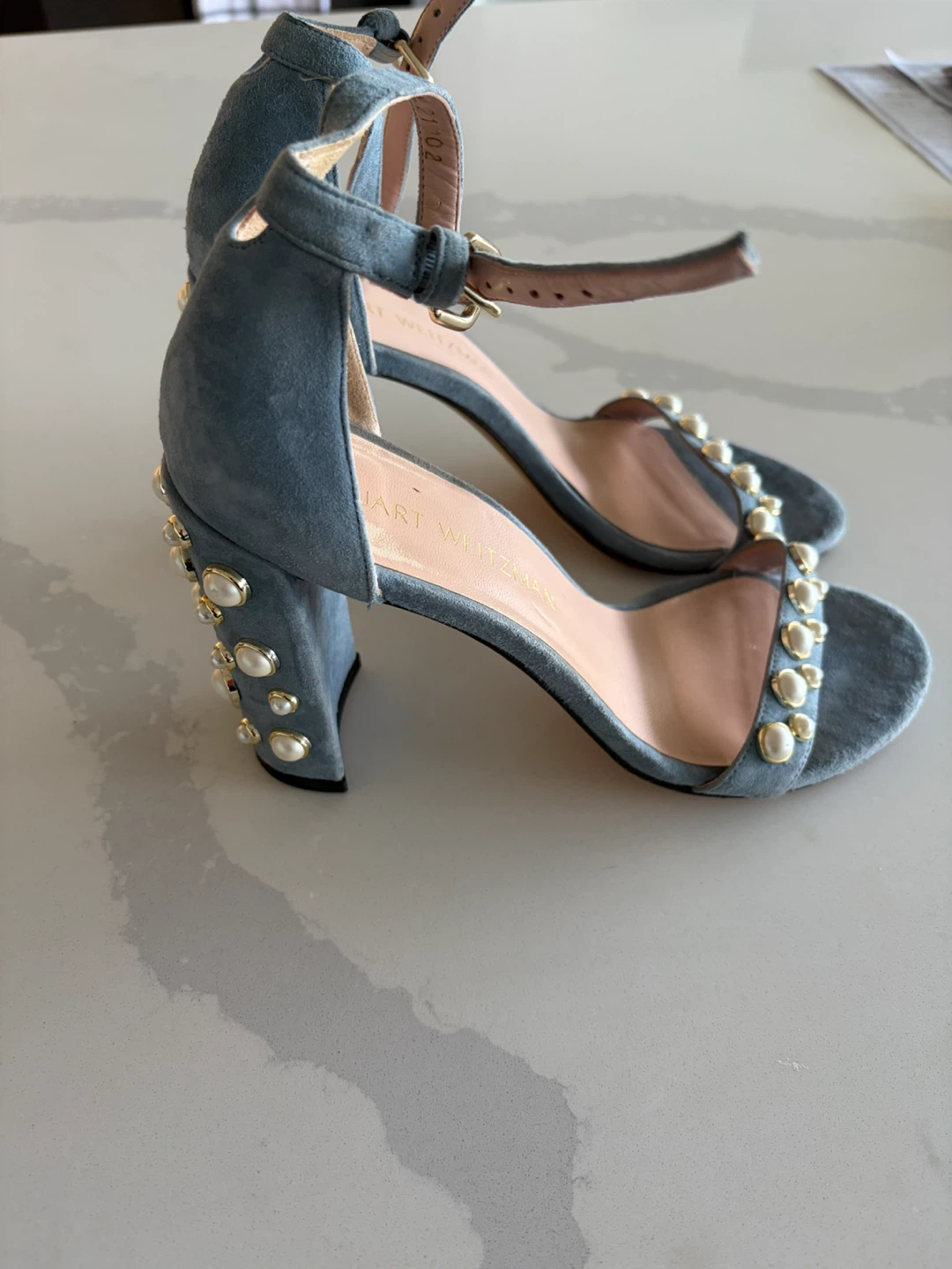 Stuart Weitzman Blue Suede Pearl Heeled Sandals - photo 2