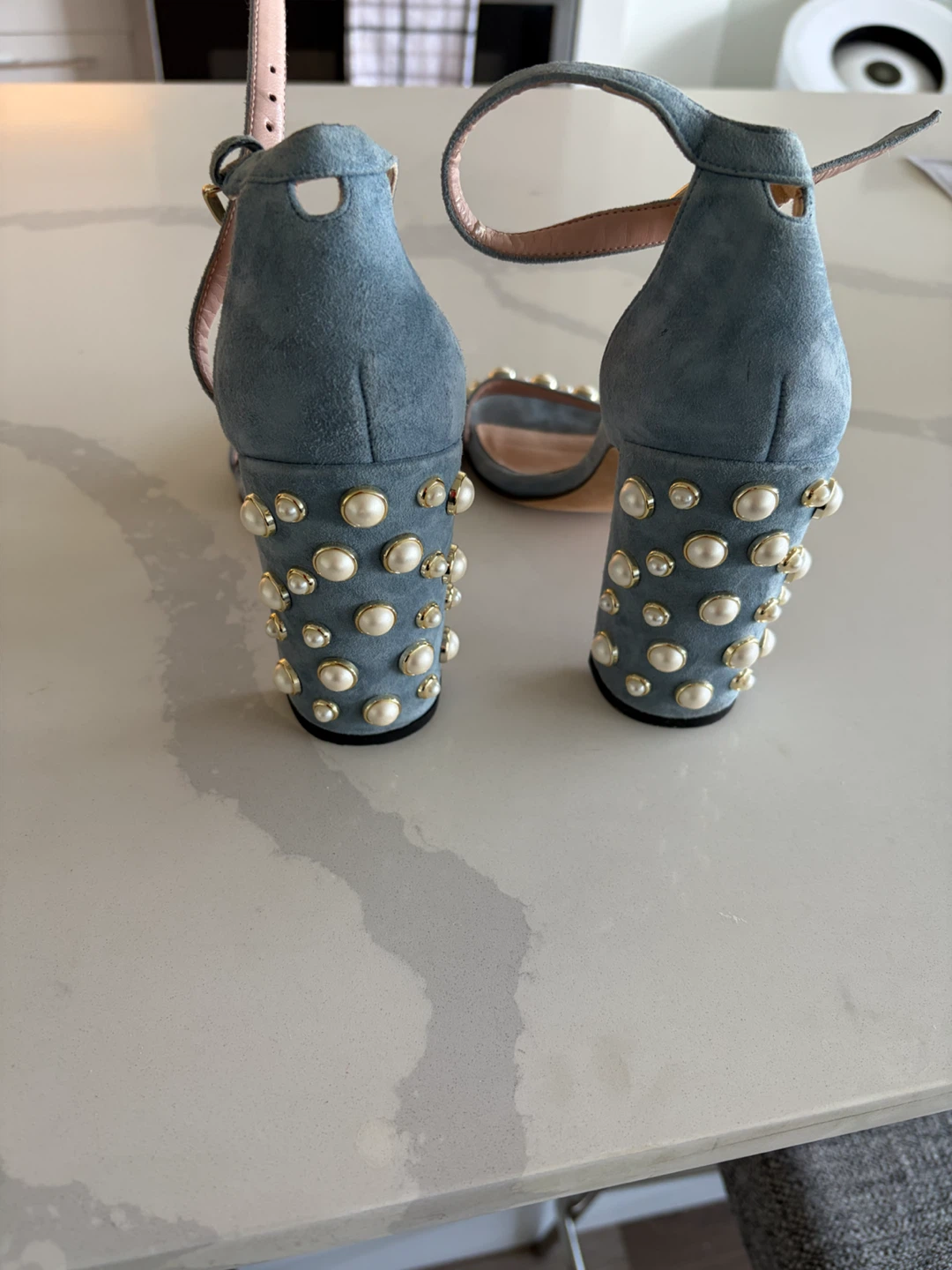 Stuart Weitzman Blue Suede Pearl Heeled Sandals - photo 3