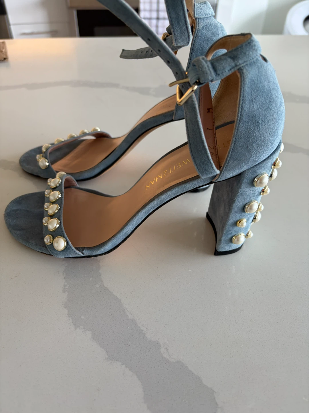 Stuart Weitzman Blue Suede Pearl Heeled Sandals - photo 4