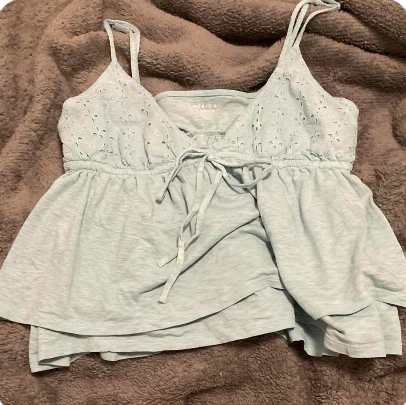 American Eagle Light Blue Eyelet Peplum Tank
