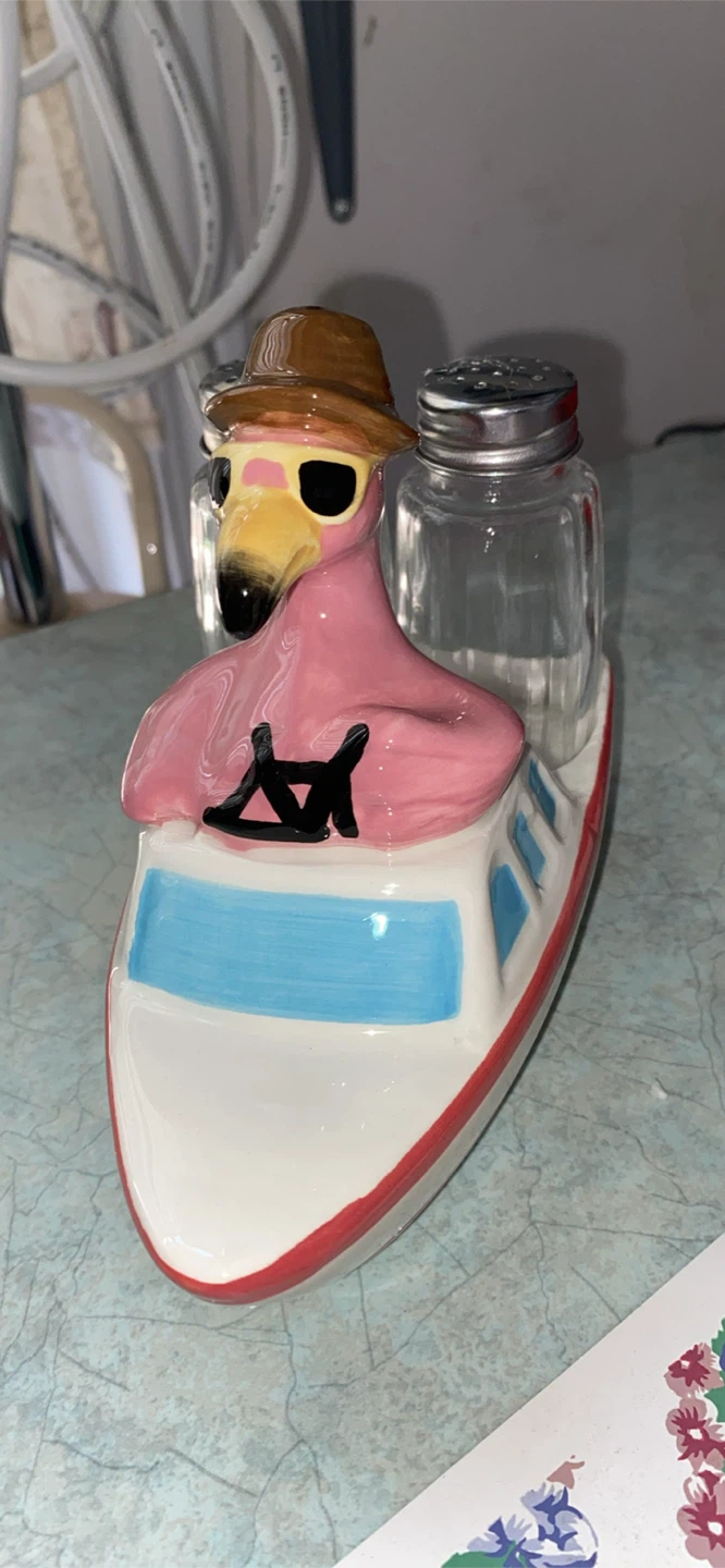 Flamingo Boat Salt and Pepper Set in box
