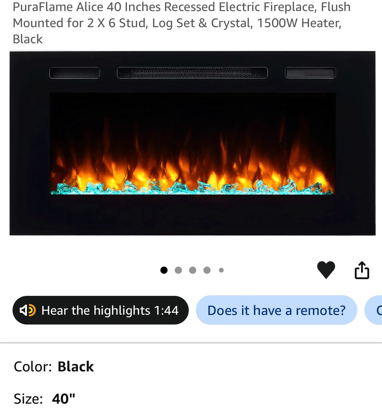 PuraFlame Alice 40 Inch Recessed Electric Fireplace