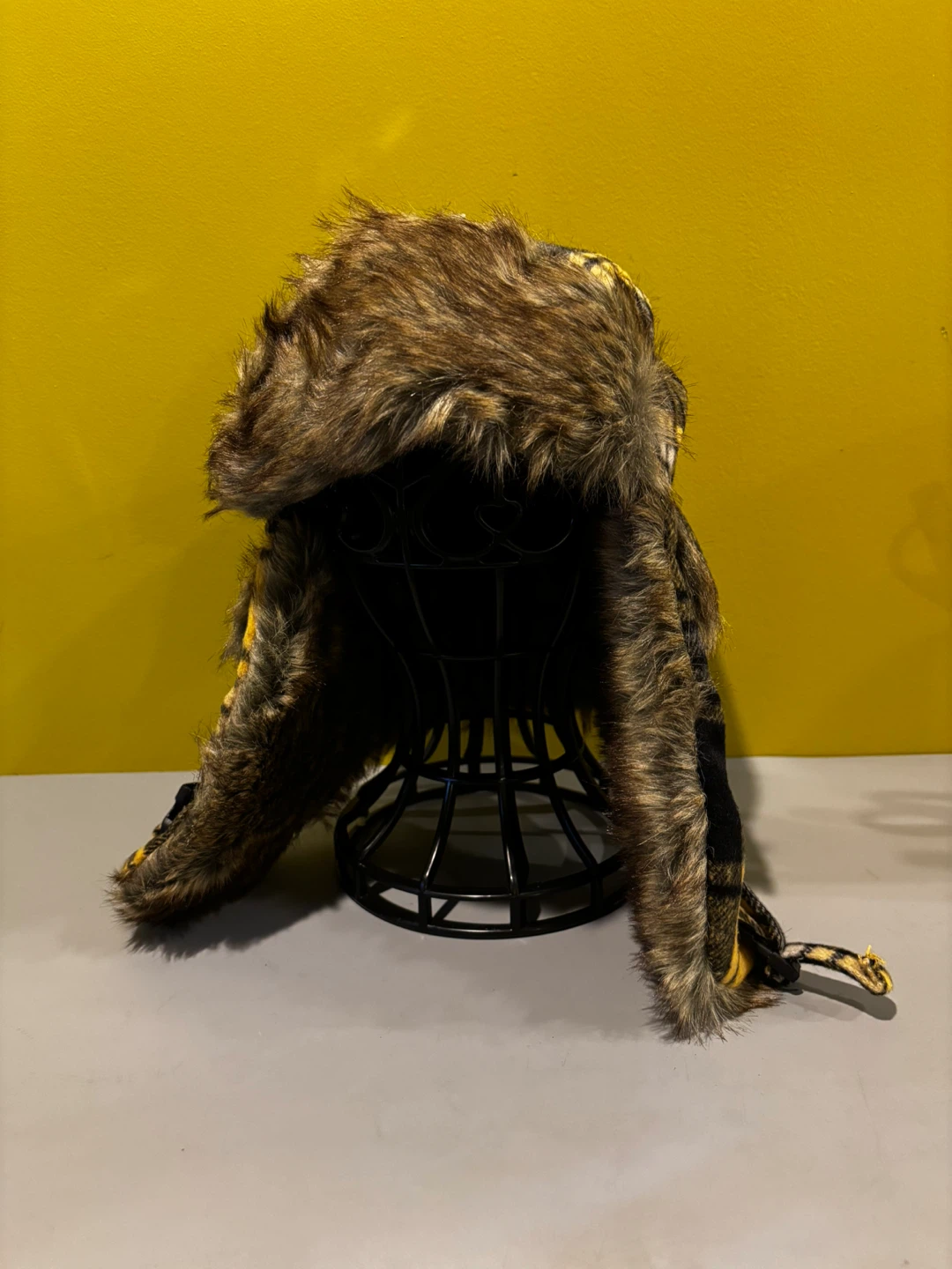 Yellow and Black Plaid Faux Fur Trapper Hat