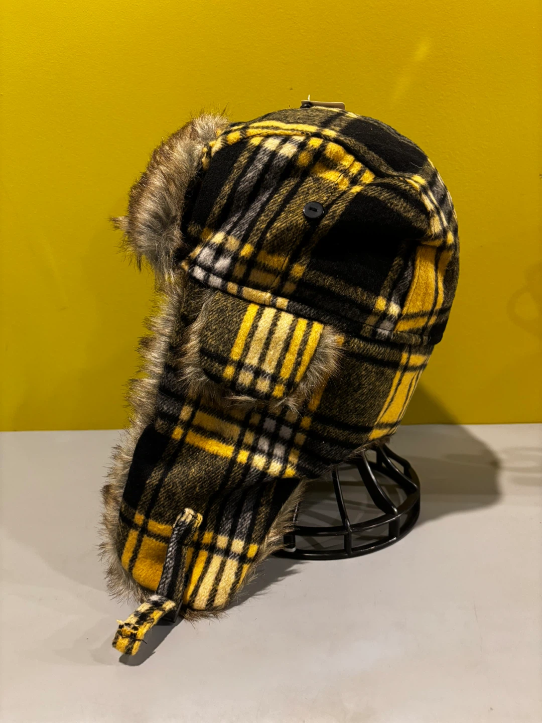 Yellow and Black Plaid Faux Fur Trapper Hat - photo 2