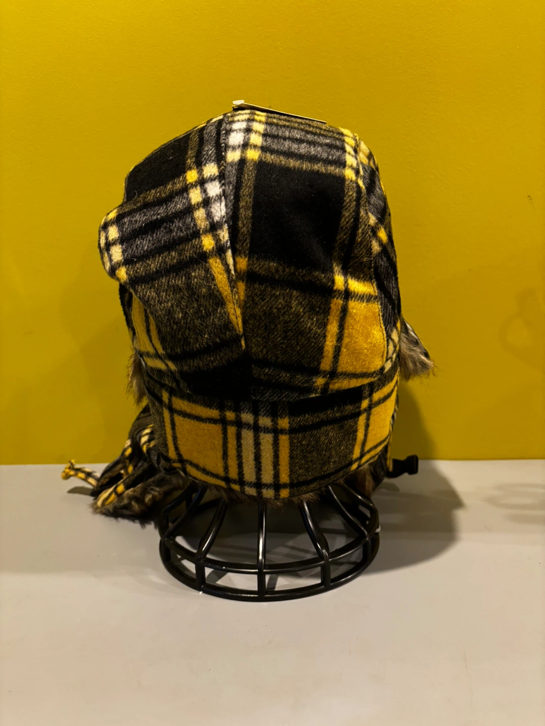 Yellow and Black Plaid Faux Fur Trapper Hat - photo 3
