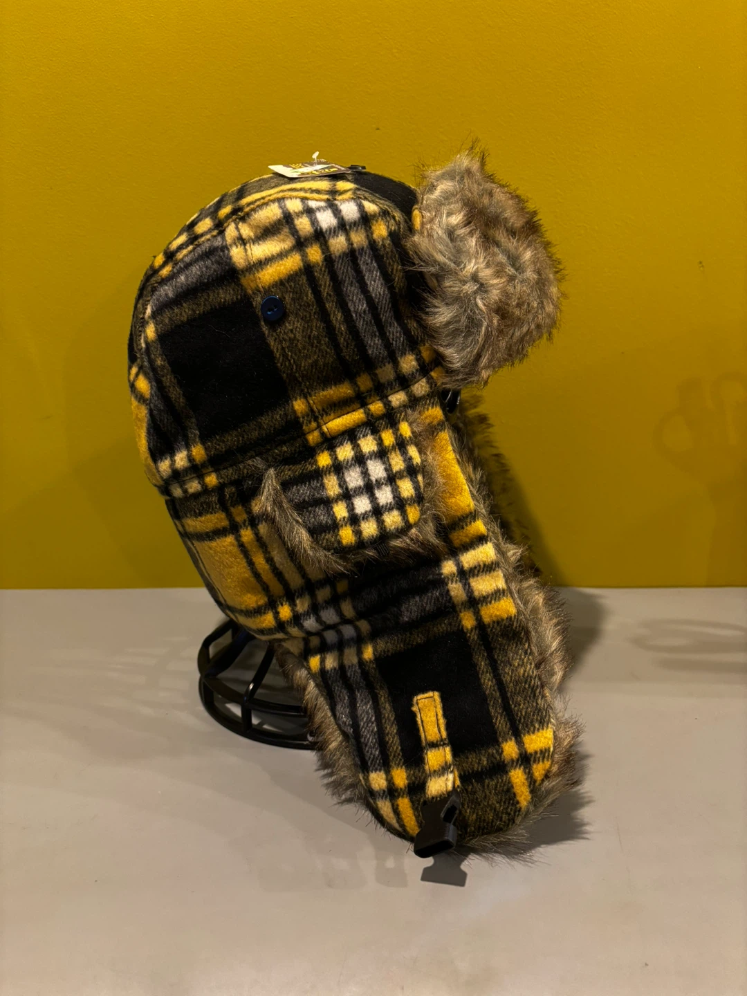 Yellow and Black Plaid Faux Fur Trapper Hat - photo 4