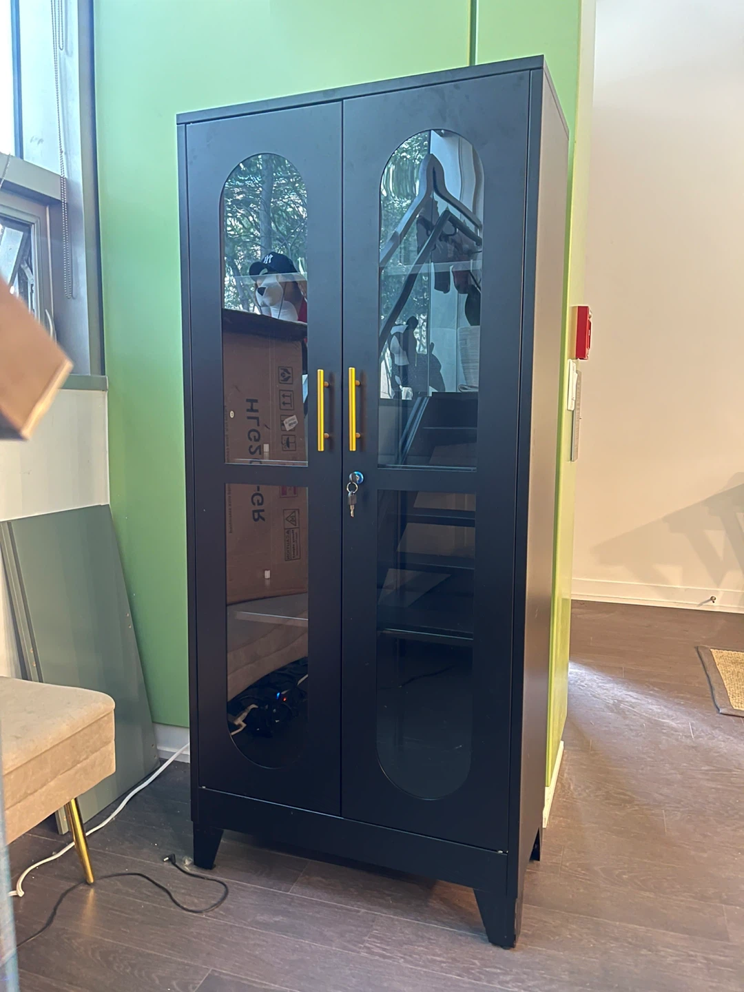 Black Metal Storage Cabinet with Glass Doors