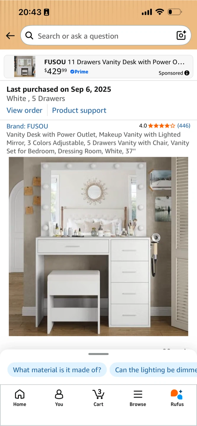 FUSOU Vanity Desk with Lighted Mirror and Stool, White