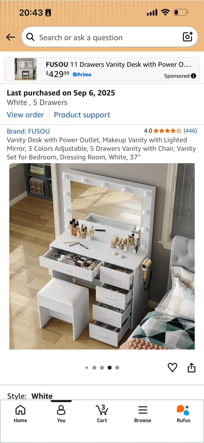 FUSOU Vanity Desk with Lighted Mirror and Stool, White - photo 3