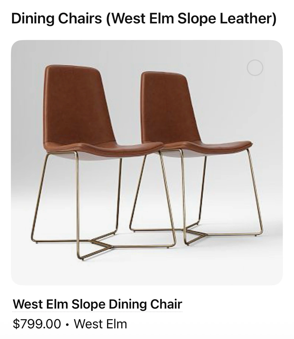 Eight West Elm Slope Leather Dining Chairs